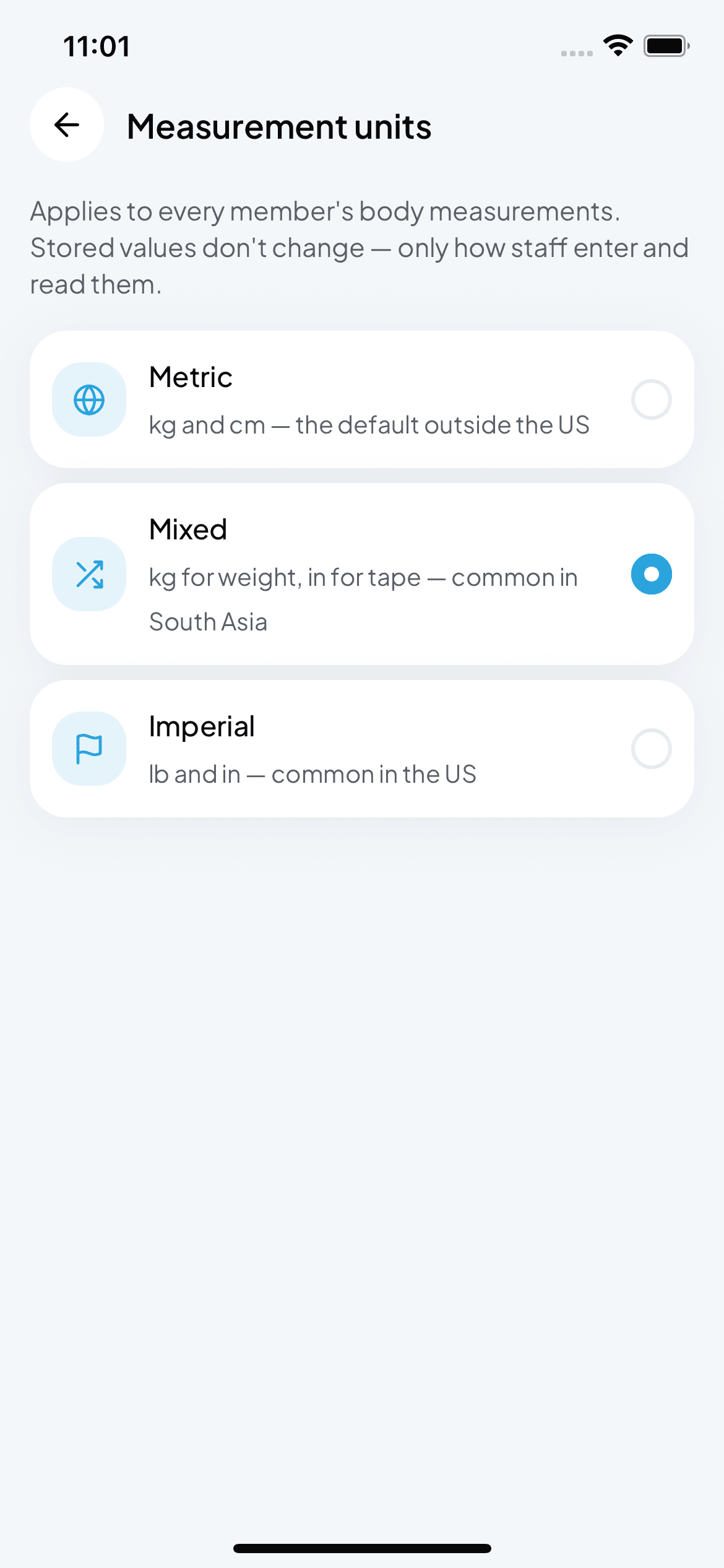 Measurement units settings screen with Metric, Mixed and Imperial options