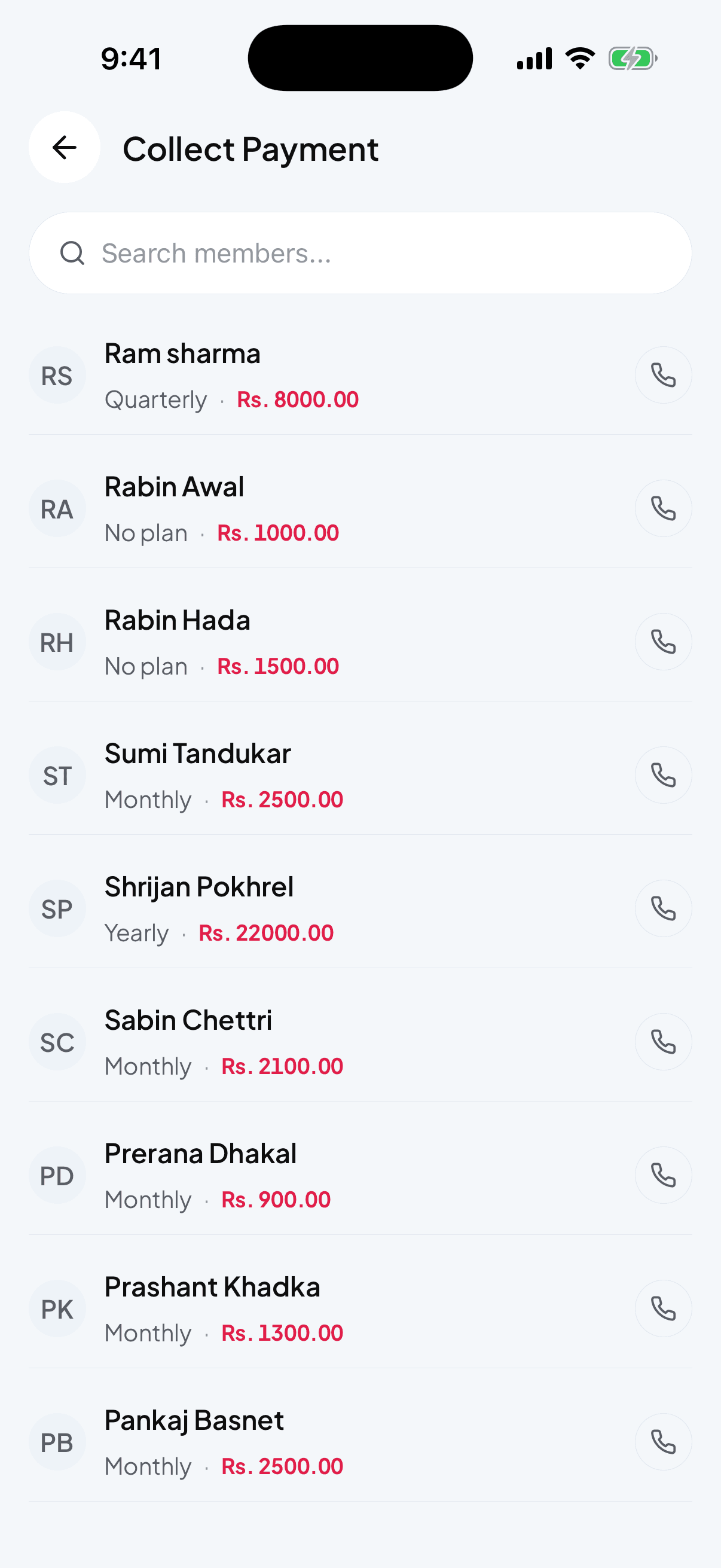 Collect Payment picker with a list of members and their outstanding balances
