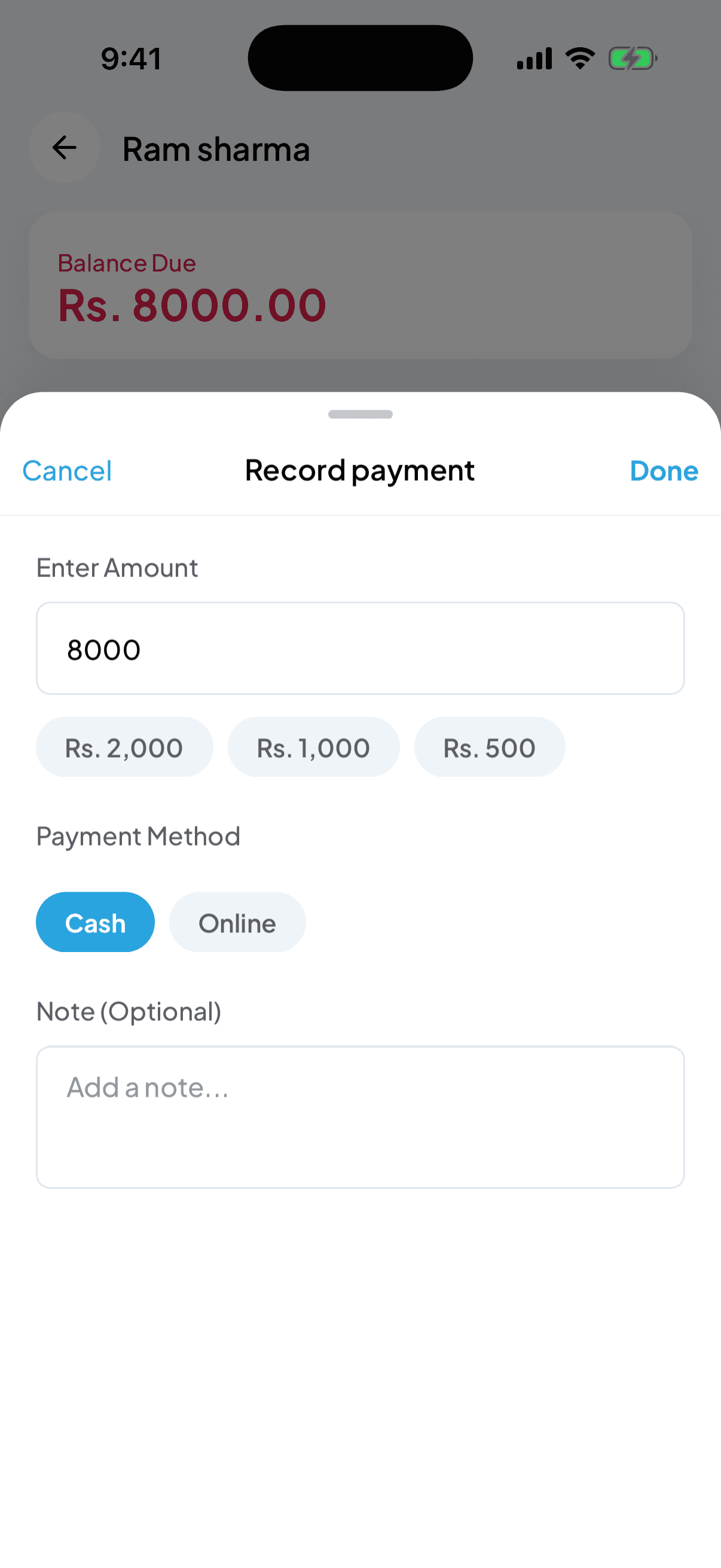 Record payment sheet with Enter Amount, quick chips, Cash/Online and Note