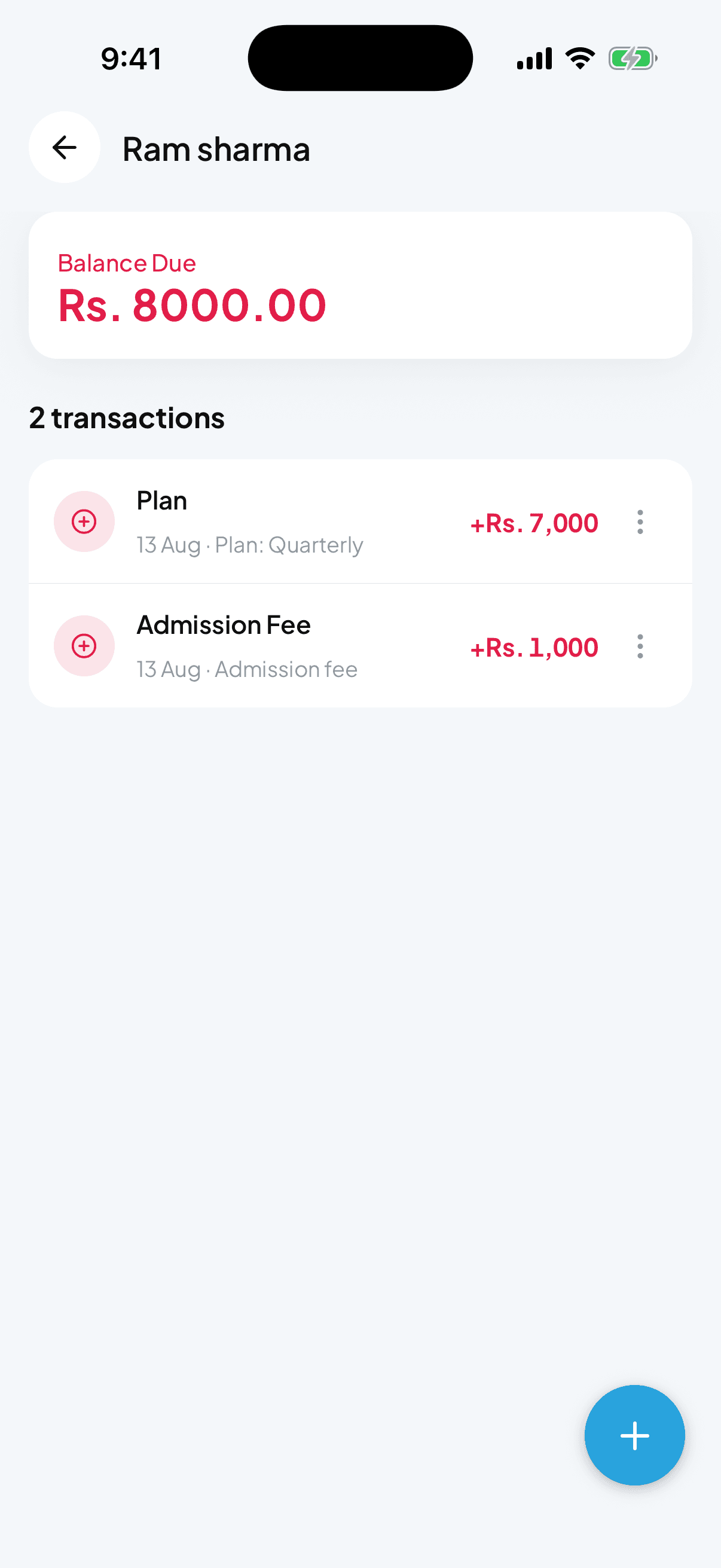 Member Transactions screen with balance and history