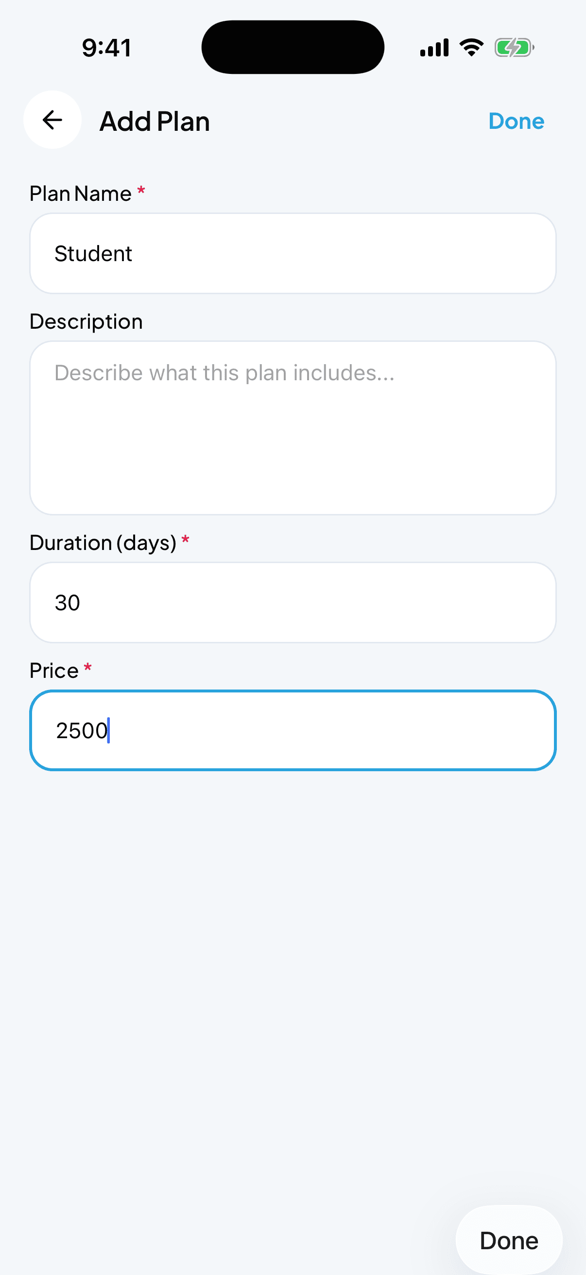 Add Plan screen with name, duration, price, description