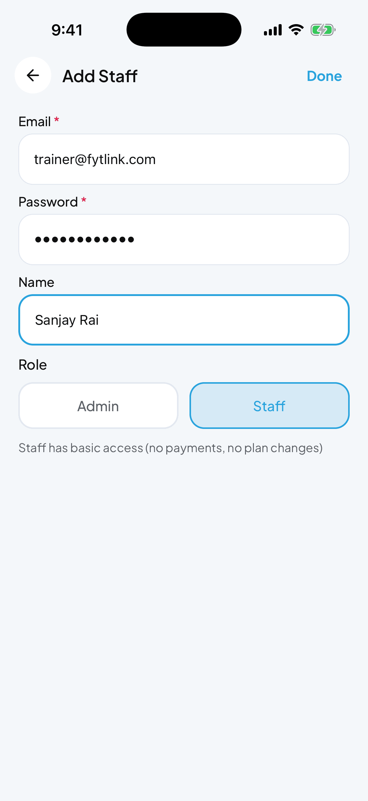 Add Staff screen with email, password, name, role toggle