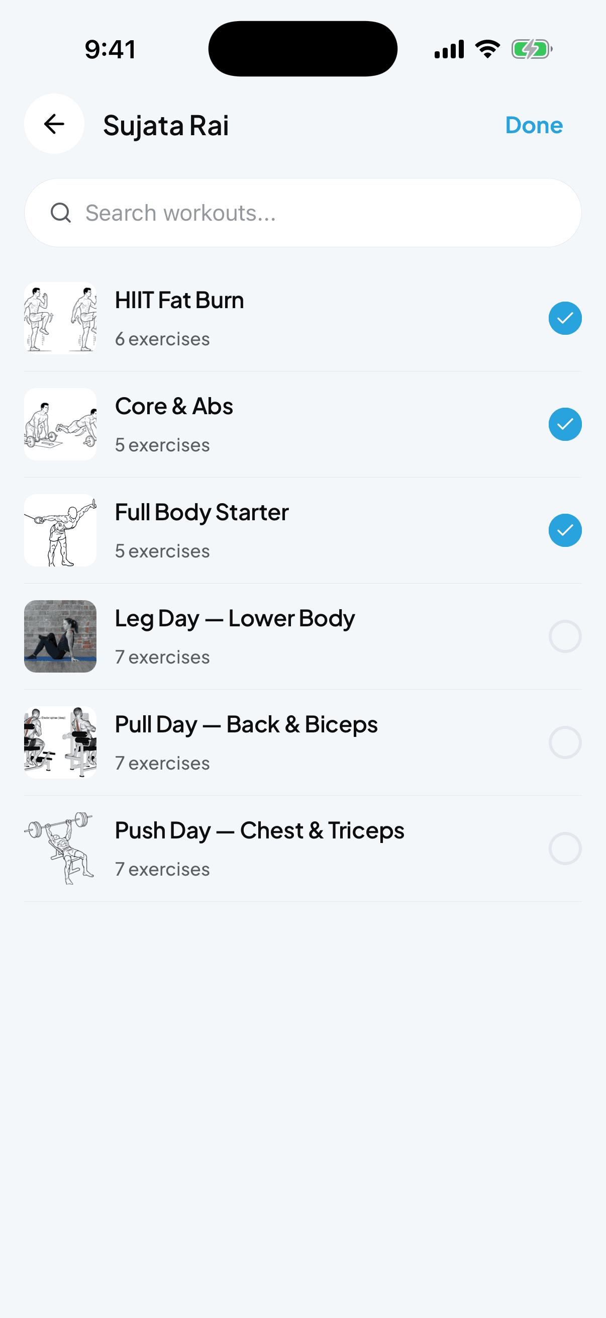 Assign workout picker with multiple workouts selected