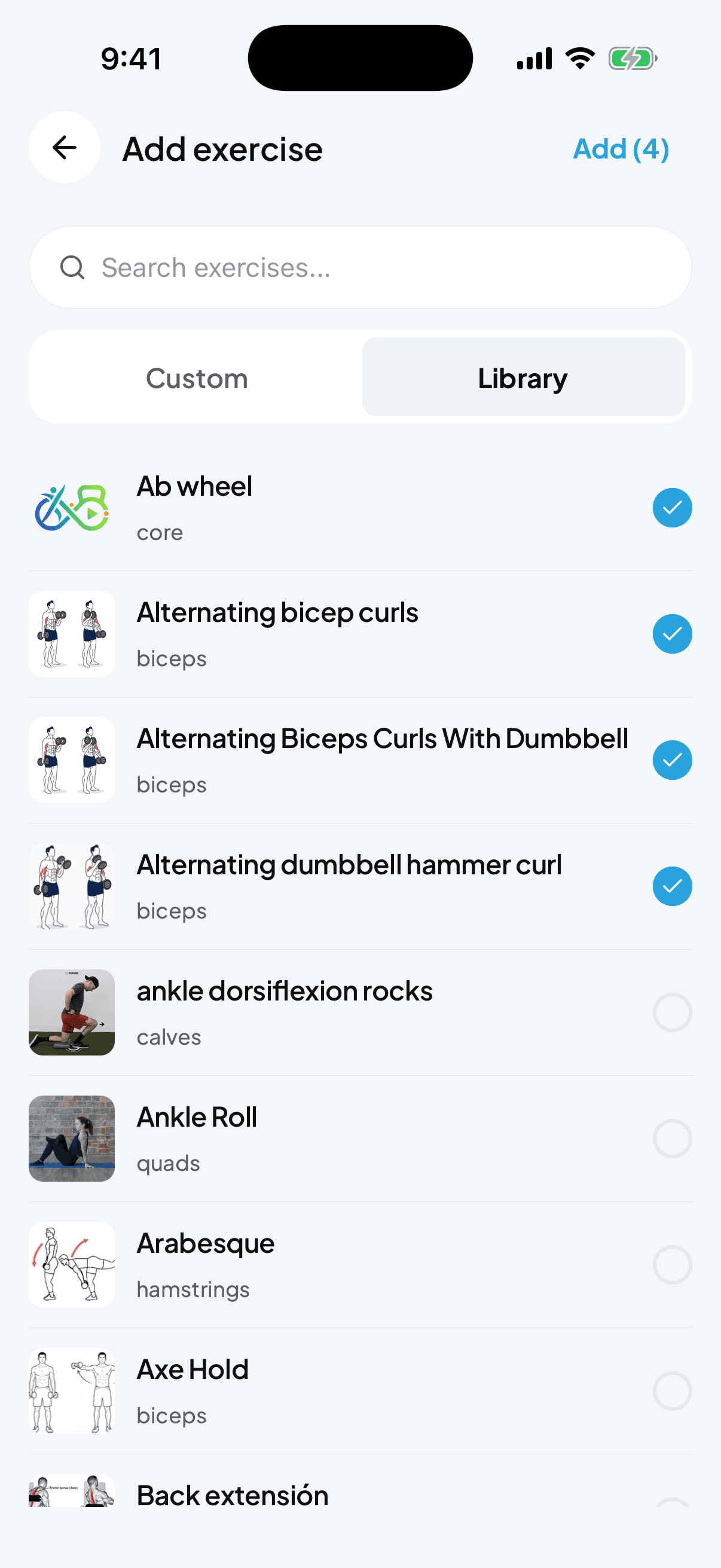 Add exercise picker with Custom and Library tabs, multi-select checkmarks