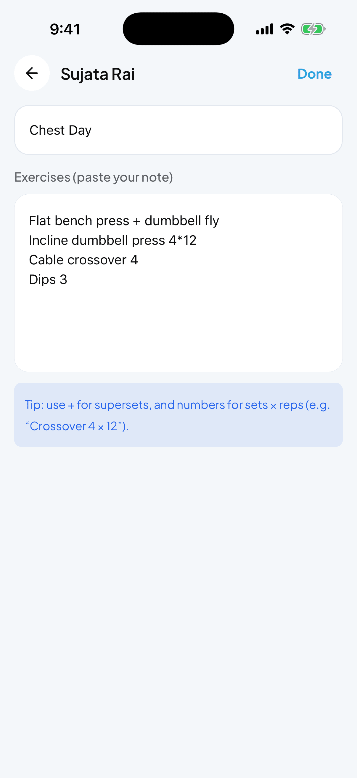 From note screen with workout name and multi-line note text area
