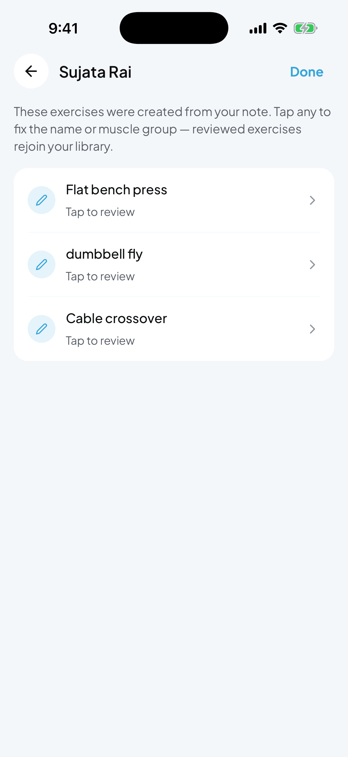 New exercises review screen with tap-to-review rows