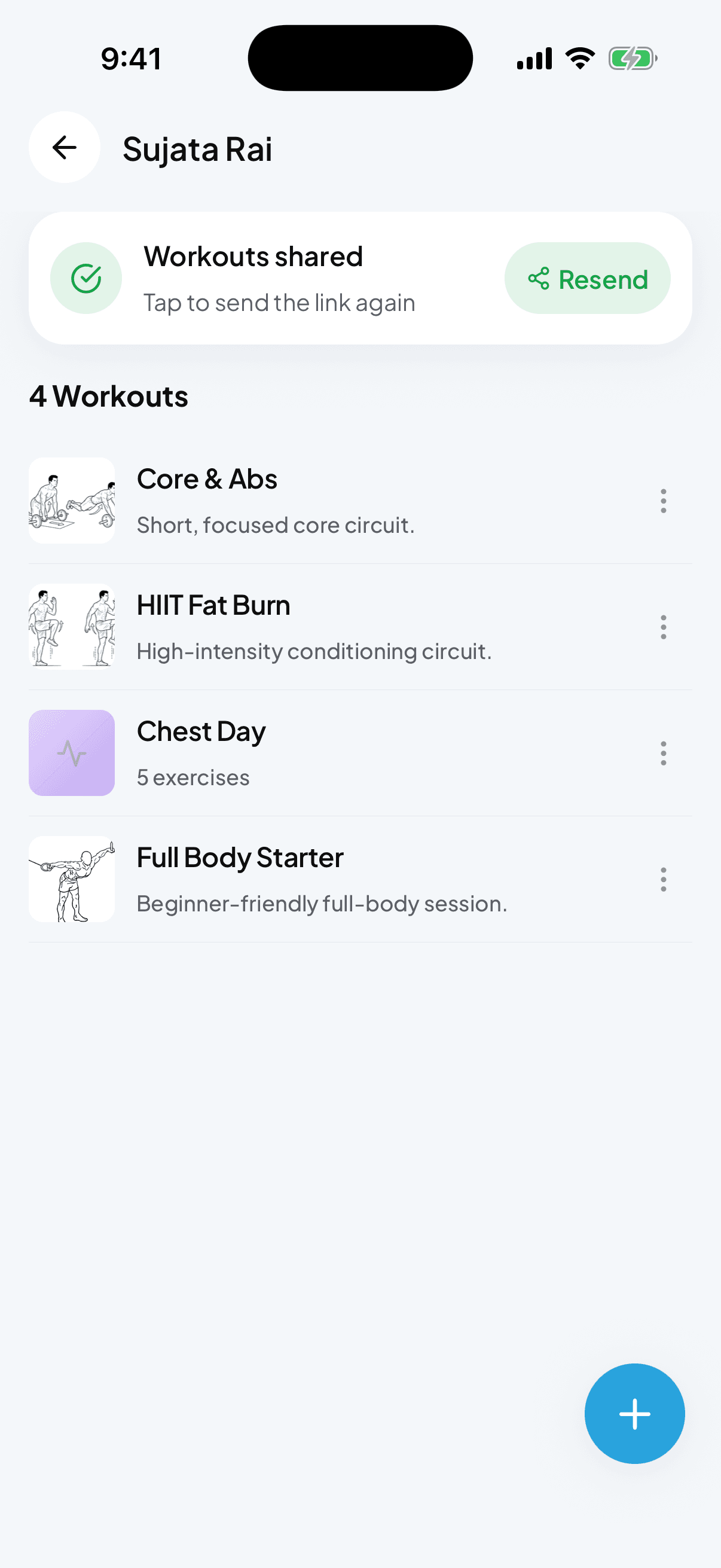Share workouts card above the workouts list
